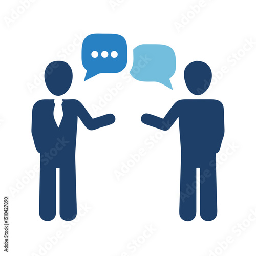 Stylized Vector Illustration of Two Dark Blue Silhouette Figures Facing Each Other with Speech Bubbles Above Them, One Darker Blue with White Ellipses and the Other Light Blue, Symbolizing a Business 