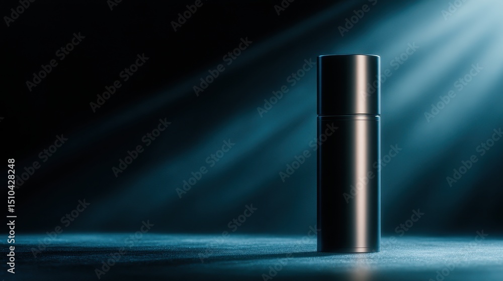 Fototapeta premium Sleek black bottle illuminated by soft blue light, showcasing minimalist design in dark setting