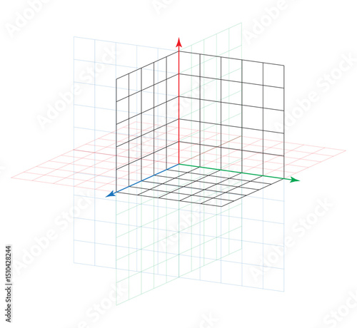 3d isometric view of Cartesian x y z coordinate system on white. Orthogonal coordinate plane with three axes on square grid. Math template. Vector illustration
