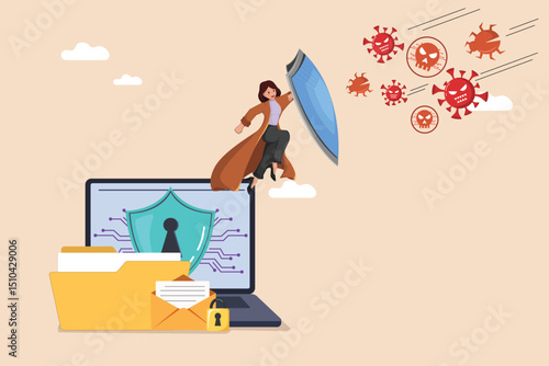 Digital Data and Email Security: A Woman Heroically Defending a Laptop and Documents from Incoming Malware and Virus Threats.