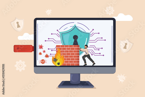 Protecting Your Computer from External Threats: Illustrated Concept of a Firewall Shielding a Monitor from USB and Virus Attacks.