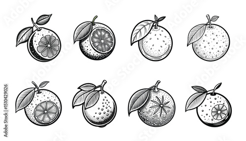 Collection of Hand-Drawn Oranges with Leaves and Slices.