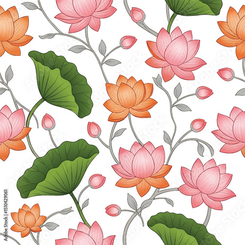 Watercolour Illustration of Pichwai Art Pattern with lotus on Transparent PNG Background