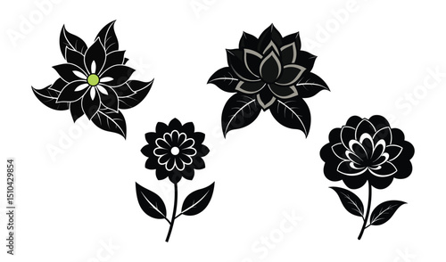 Collection of Four Unique Black and White Floral Graphics with Differing Petal Designs