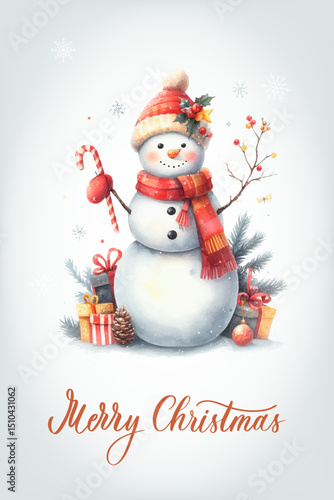 Snowman with a happy expression, rosy cheeks, carrot nose and knitted red and white striped scarf. Greeting card with calligraphic inscription Merry Christmas.