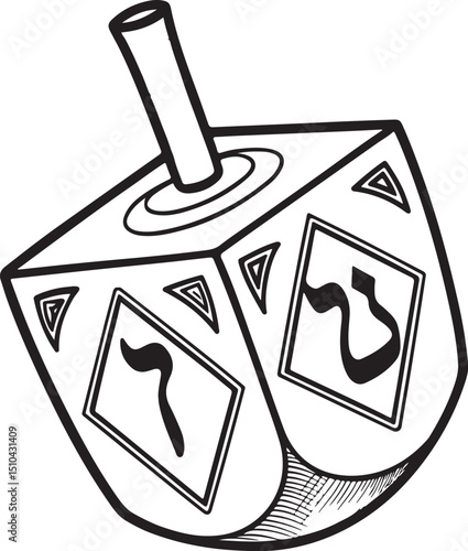 Dreidel Vector Illustration, Sketch Drawing Line Linear Symbol Icon Engraving Coloring Book, Hand-drawn Black and White Isolated