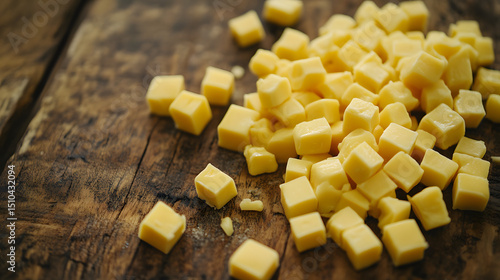 Diced cheddar cheese cubes arranged on rustic wooden surface
