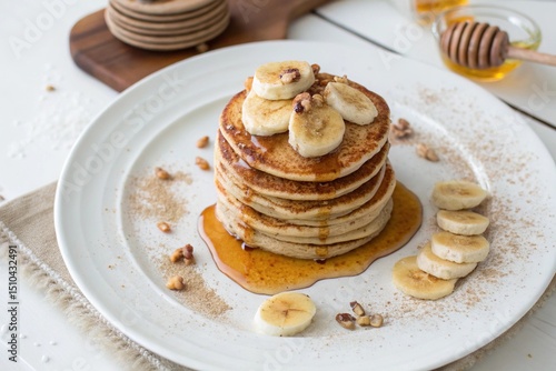 A sweet breakfast dish of banana pancakes, finished with cinnamon and syrup for a cozy morning treat.