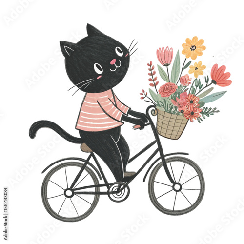 A black cat rides a bicycle with flowers in front. minimal details and solid colors on a plain Watercolor vector, white background 