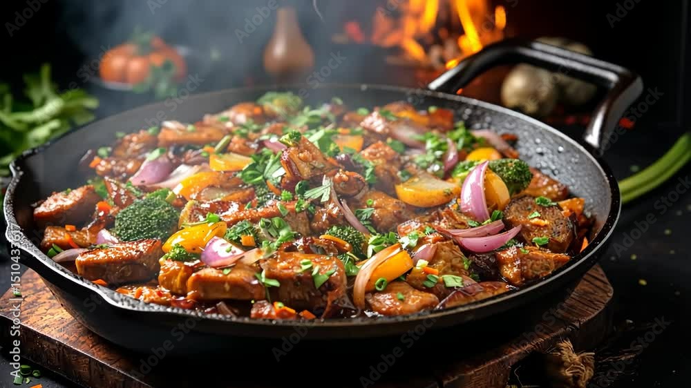 fried potatoes with mixed vegetables sizzling in a skillet closeup concept of home cooking comfort food and healthy meal preparation fried potatoes with mixed vegetables sizzling in a skillet closeup concept of home cooking comfort food and healthy meal preparation