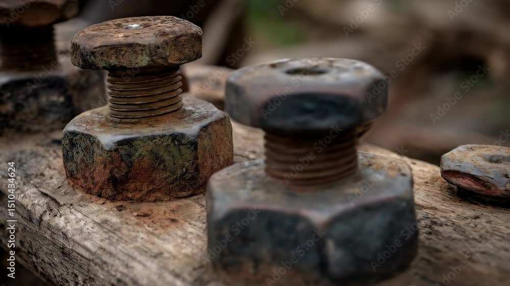 Detailed view featuring several weathered and rusty nuts and bolts resting on a rough wooden surface, showing textures. Detailed view featuring several weathered and rusty nuts and bolts resting on a rough wooden surface, showing textures.