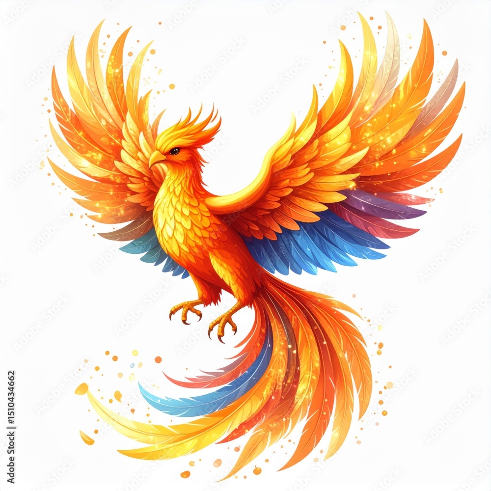 Fototapeta premium Fiery Phoenix in Flight: Orange Gold Blue Feathers