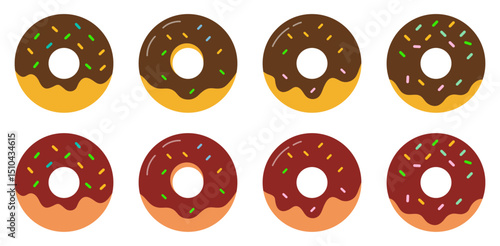 Chocolate glazed donuts vector set. Cartoon doughnuts with colorful sprinkles. Vector flat icons for Bakery, sweet food, dessert menu, kids party, clipart, cafe decor, stickers. Vector illustration.