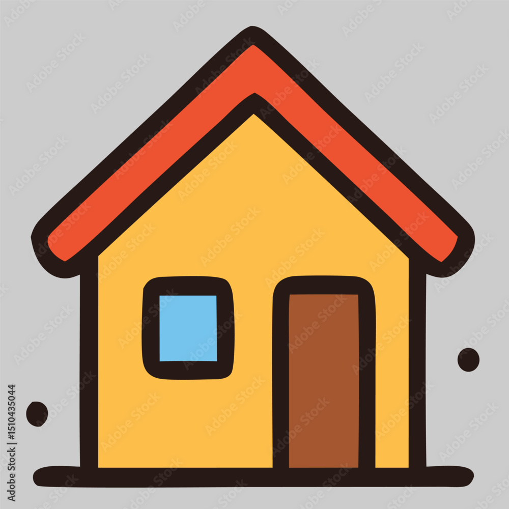 Real estate icon vector of a small red house with orange roof, black outline, and gray background for home or property business needs. Real estate icon vector of a small red house with orange roof, black outline, and gray background for home or property business needs.