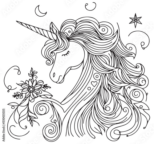 Fantasy Unicorn Head Coloring Page with Flowing Mane Flowers and Stars Whimsical Line Art