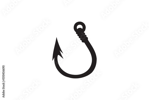 A black-and-white fishing hook against a white background in a straightforward and inconspicuous vector silhouette
