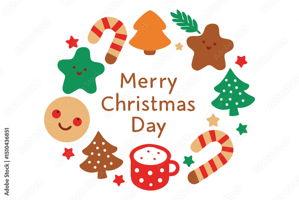 Naklejka premium Gingerbread, Candy Canes & Cocoa in Festive Circle – ‘Happy Christmas Day’ Top-Down Vector Design