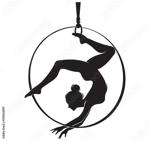 Elegant Black Silhouette Female Aerialist Performing Dynamic Pose on Lyra Hoop Aerial Dance Acrobatics Art