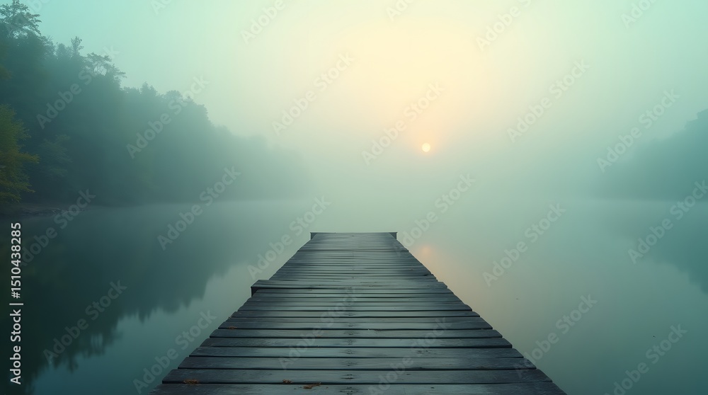 Fototapeta premium Misty dock scene. Serene landscape featuring a wooden dock extending into a calm lake, shrouded in fog. Ideal for themes of tranquility, nature, and reflection. Optimized for microstock marketplaces.