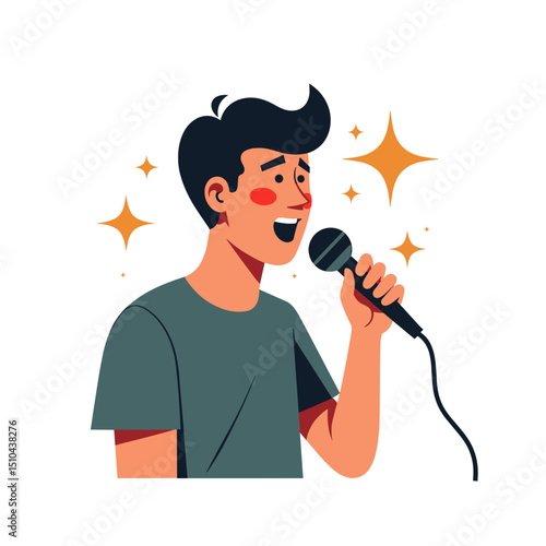 Illustration of a Cheerful Young Man Singing into a Microphone with Sparkling Stars Background