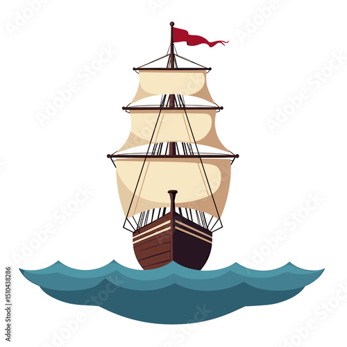 Illustration of a Classic Sailing Ship with Brown Hull and Cream Sails Navigating Blue Water