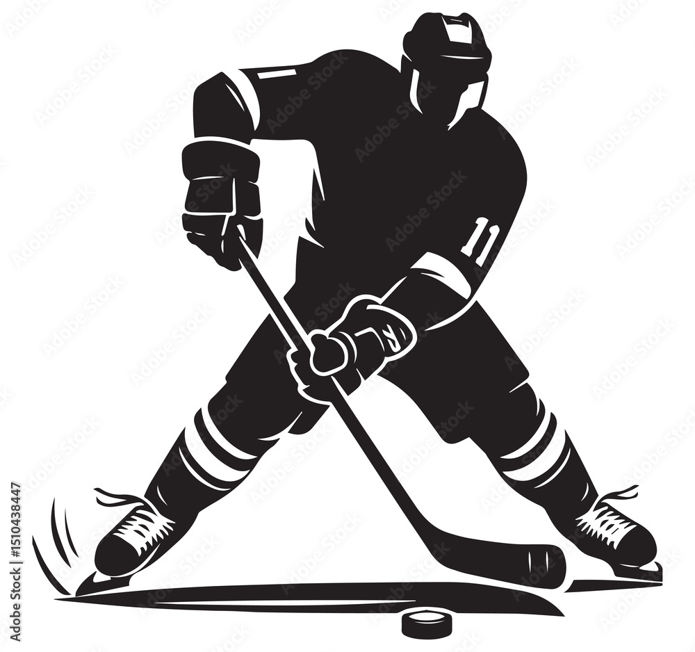 Fototapeta premium Ice Hockey Player Silhouette Graphic Stickhandling Puck Dynamic Illustration Vector Sport Athlete Black White