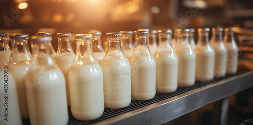 Milk bottles on shelves in grocery store aisle under bright lighting
