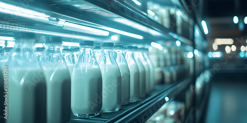 Milk bottles on shelves in grocery store aisle under bright lighting
