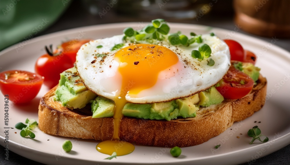 a close up of an egg and avocado toast with a sprinkle of cheese and herbs served with tomatoes on a white plate a close up of an egg and avocado toast with a sprinkle of cheese and herbs served with tomatoes on a white plate