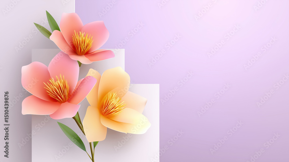 Obraz premium Soft pastel floral illustration with three blooming flowers and green leaves on minimalist geometric background, creating serene and elegant spring atmosphere