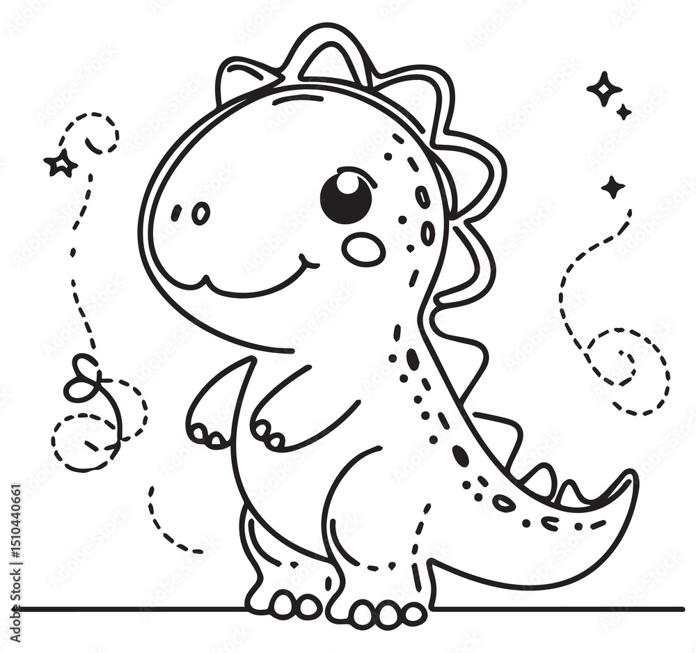 Fototapeta premium Simple Cute Adorable Happy Kawaii Cartoon Baby Dinosaur Black and White Outline Line Art Drawing Printable for Kids Coloring