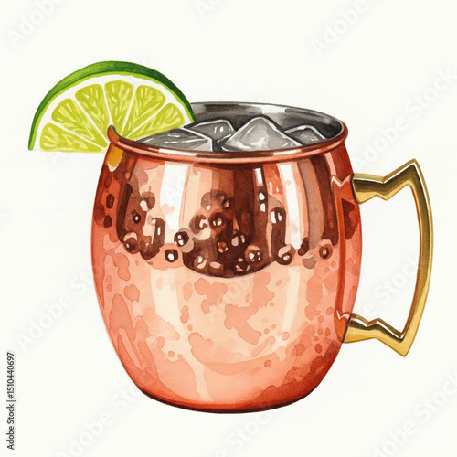 Canvas Print Watercolour Illustration of Moscow Mule Cocktail Drink on White Background