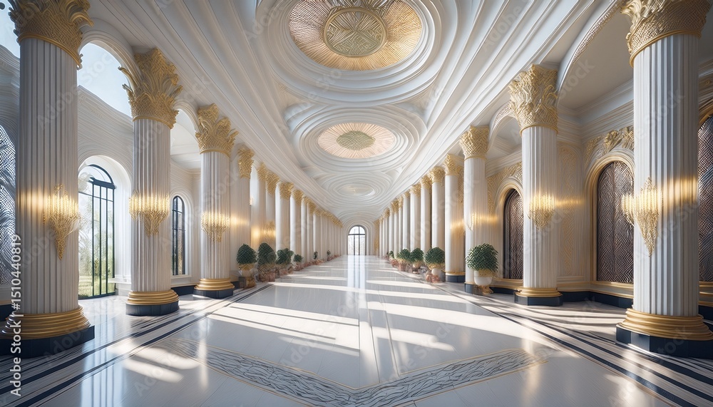 Fototapeta premium elegant columned hallway luxurious venue interior design bright atmosphere wide angle view opulent style