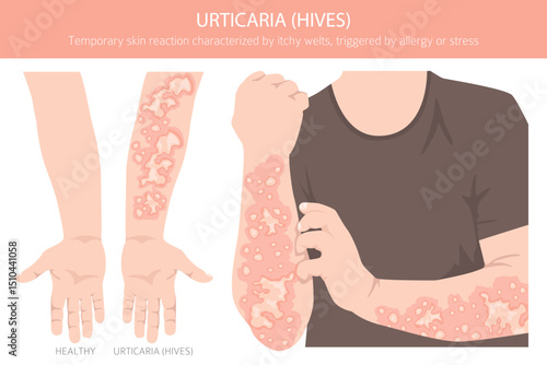 Urticaria. Hives. Skin diseases. Medical infographic design. Vector illustration
