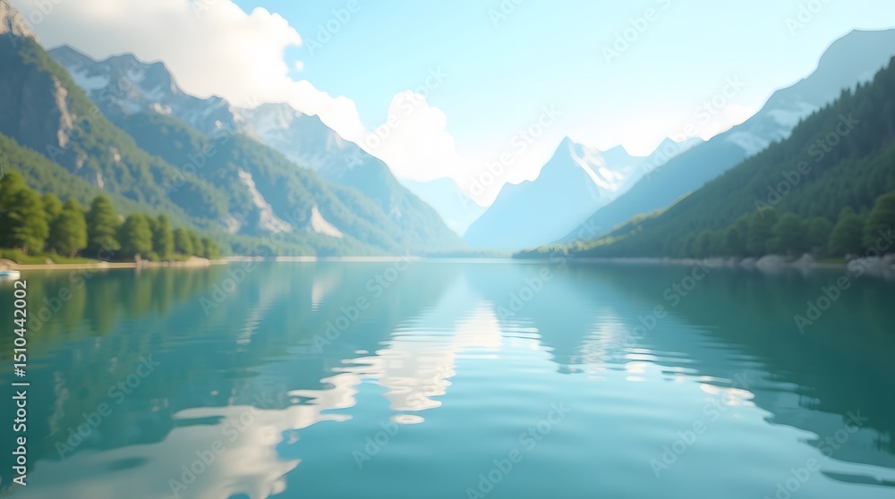 Fototapeta premium Serene mountain lake landscape. Ideal for travel, nature, and scenic backgrounds. Captures the beauty of nature.