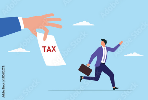Vector illustration of a businessman running away from a giant hand holding tax documents, representing tax evasion, financial stress
