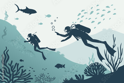 Set of Scuba Diving Silhouettes – Vector Illustration Collection of Divers in Various Poses


