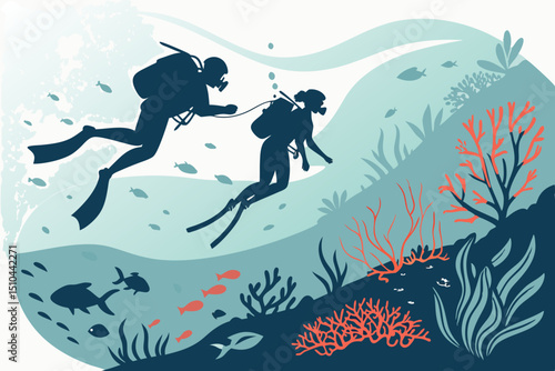 Set of Scuba Diving Silhouettes – Vector Illustration Collection of Divers in Various Poses

