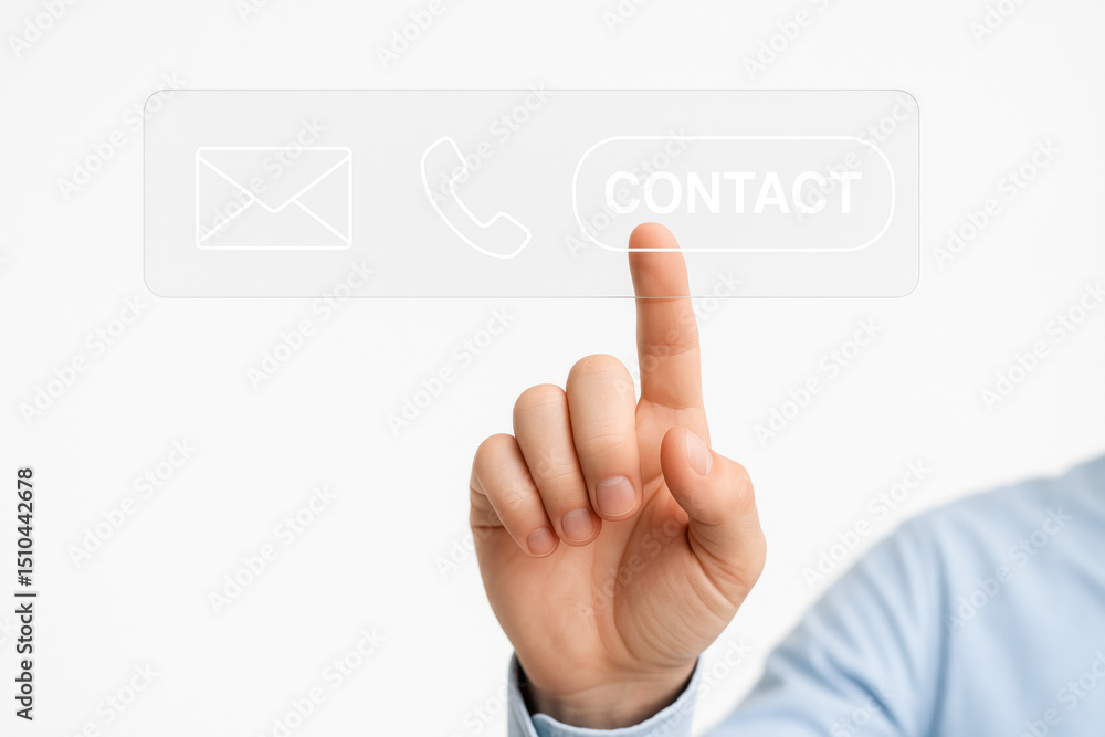 Man pointing to contact button. Man pointing to contact button.