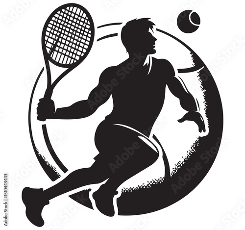 SEO Optimized Dynamic Black Silhouette Male Tennis Player Hitting Forehand Graphic Illustration for Sport Design Logo Icon Vector Art Image