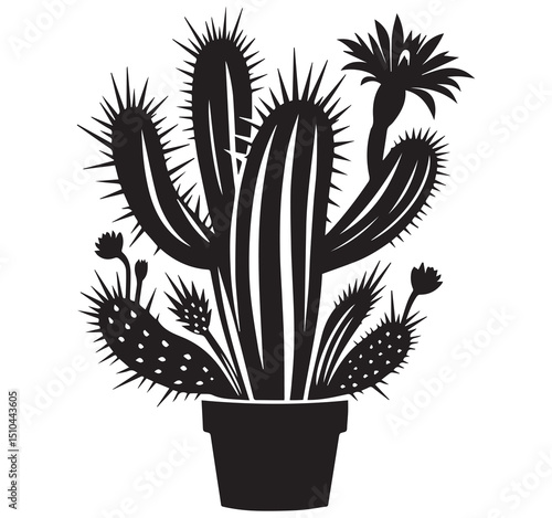 Black and white silhouette illustration of a potted cactus plant with blooming flower and prickly spines, botanical graphic artwork.