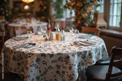 Elegant table setting with floral tablecloth, glassware, and place settings. A romantic ambiance is created by the soft lighting and floral decorations.