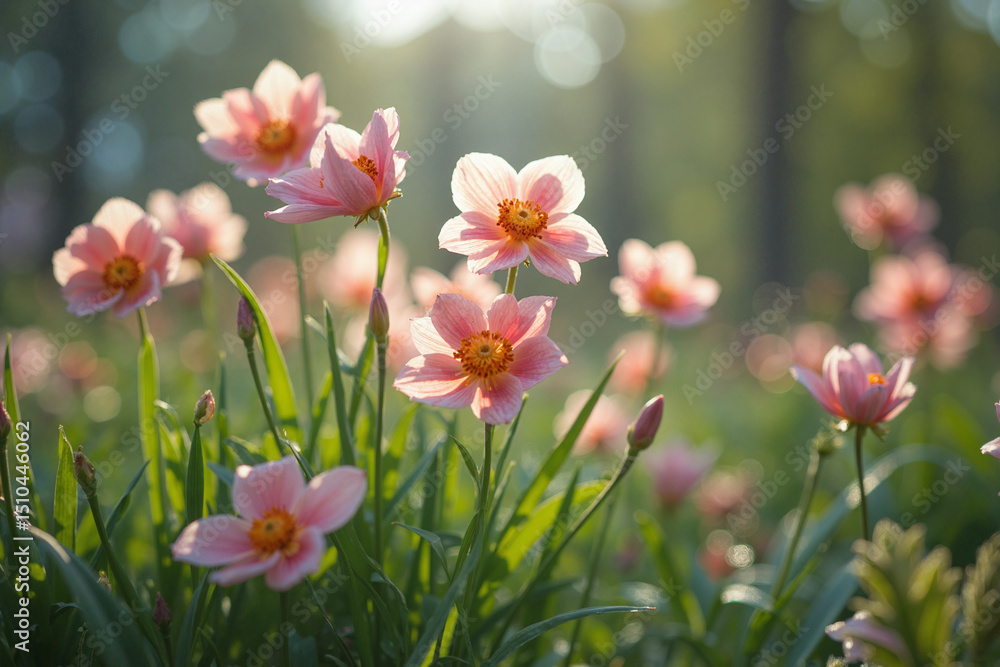 Fototapeta premium Soft pink flowers bathed in the warm glow of the setting sun. A tranquil scene of nature's beauty.