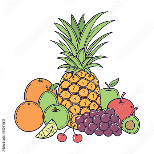 A vibrant tropical fruit composition on a soft pastel green background. The centerpiece is a whole pineapple with its green spiky top surrounded by a colorful assortment of sliced and whole fruits.