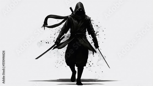 Hooded Ninja Warrior with Dual Swords in Action Silhouette Against White Background