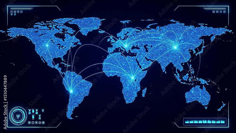 Stylized digital world map in neon blue and violet, glowing network lines animate between major cities