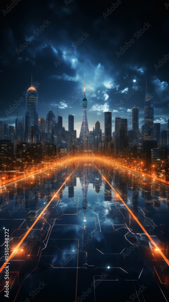 Fototapeta premium Futuristic city skyline at night reflected in a glowing technological roadway