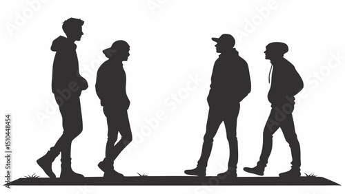 Silhouettes of Four  Casually Dressed People Standing Together – Modern Minimalistic Group Interaction Vector

