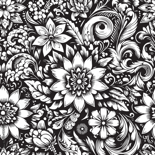 Wallpaper Mural Seamless Floral Pattern Vector in Classic Black & White Torontodigital.ca