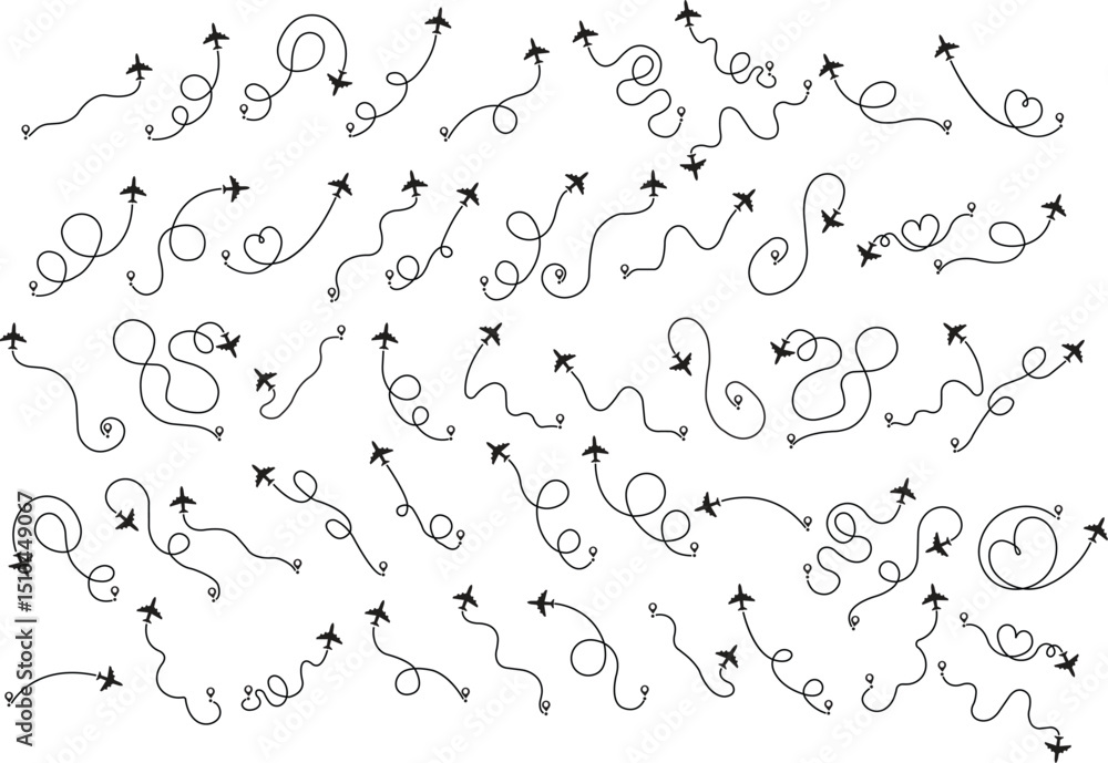 Airplane line path vector icon set of air plane flight route with start point and dash line trace. Various aircraft and destination location pins icons. Aircraft tracking, planes, travel, map Airplane line path vector icon set of air plane flight route with start point and dash line trace. Various aircraft and destination location pins icons. Aircraft tracking, planes, travel, map